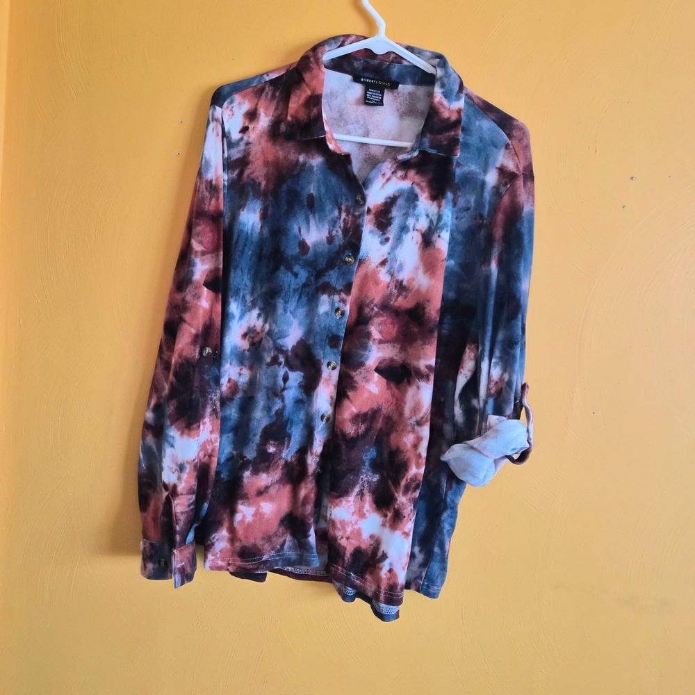 Robert Louis Plus 1X Tie Dye Button Front Top Roll Tab Sleeve Rust Art to Wear